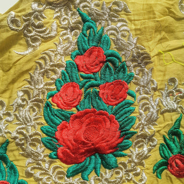 Black / Olive Green Silk Fabric Trim With Red, Green And Gold Floral Rose Embroidery, Indian Laces